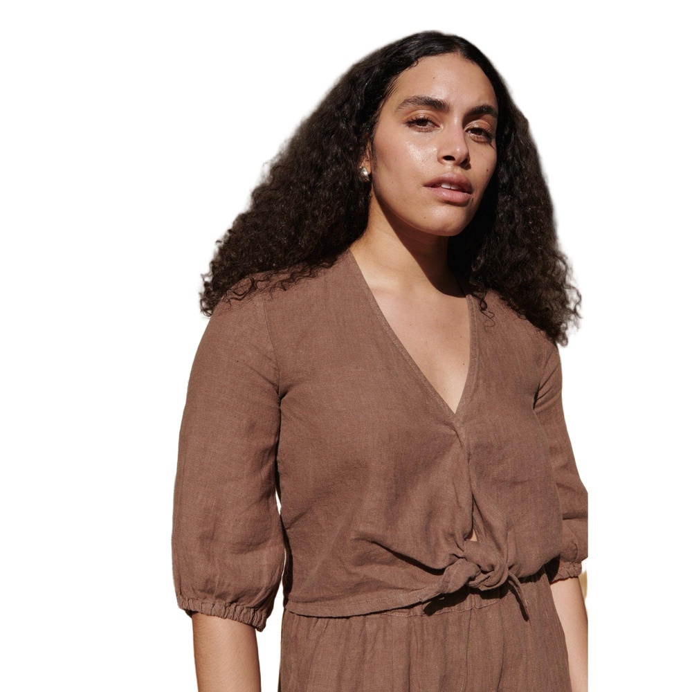 First Rite Women's Brown Linen Tie‎ Front V-neck Cropped Blouse Top Size Small - Picture 2 of 11